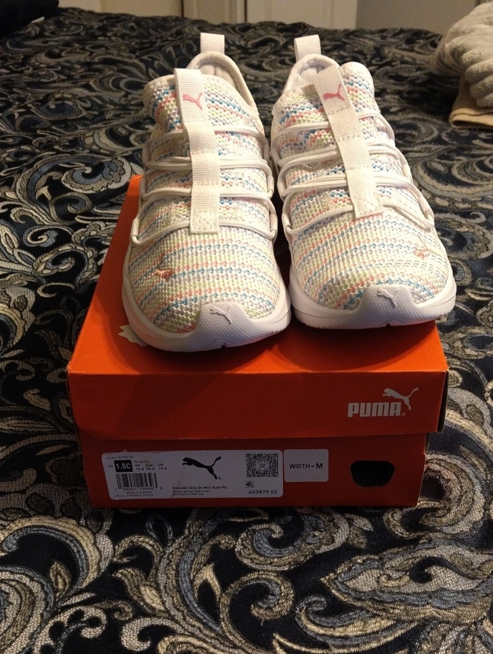 Puma Kids White Knit Sneakers with Pastel Multicolor Accents